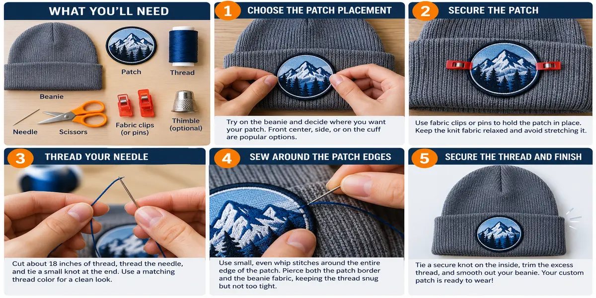 Five-step guide showing how to sew an embroidered patch on a knit beanie, from positioning and securing the patch to stitching and finishing.